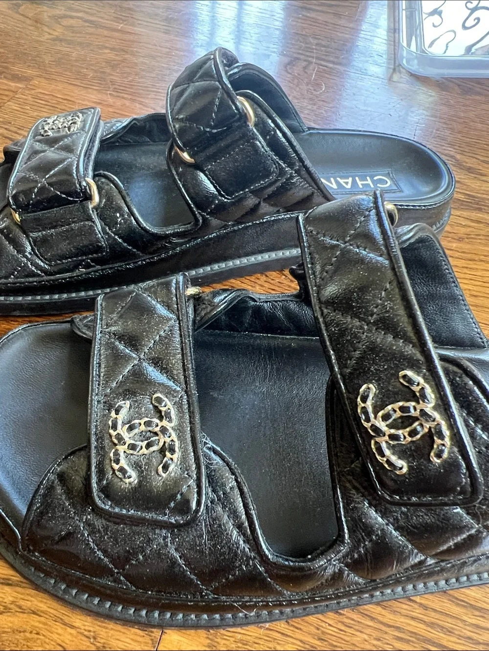CHANEL Black Quilted Double-Strap Slide Sandals with CC Hardware Dad Sandals